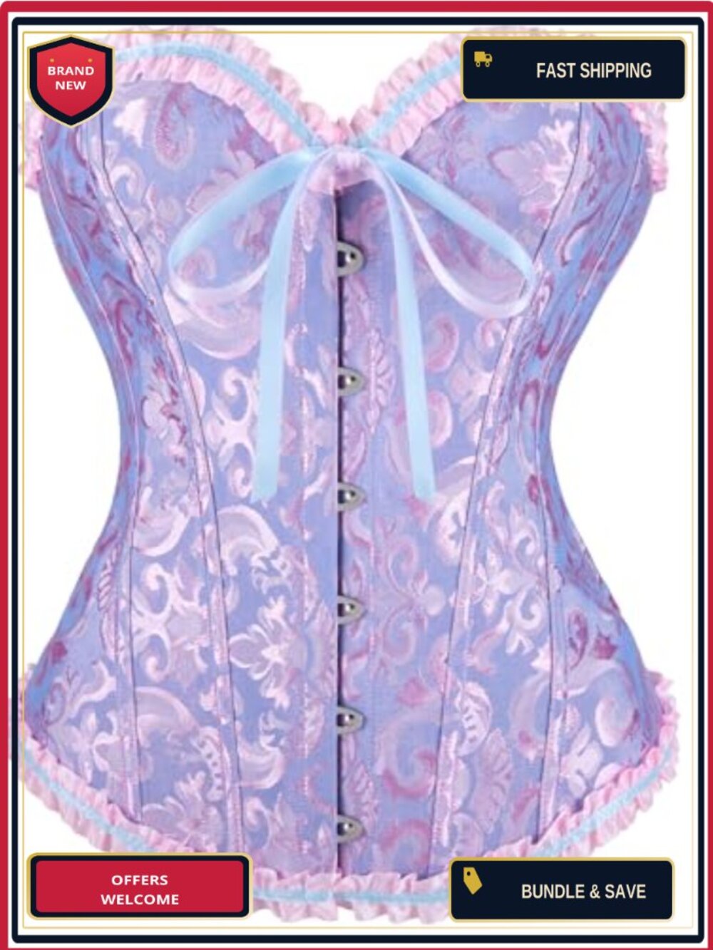 Lace Up Boned Overbust Corset Bustier Floral Vintage Renaissance